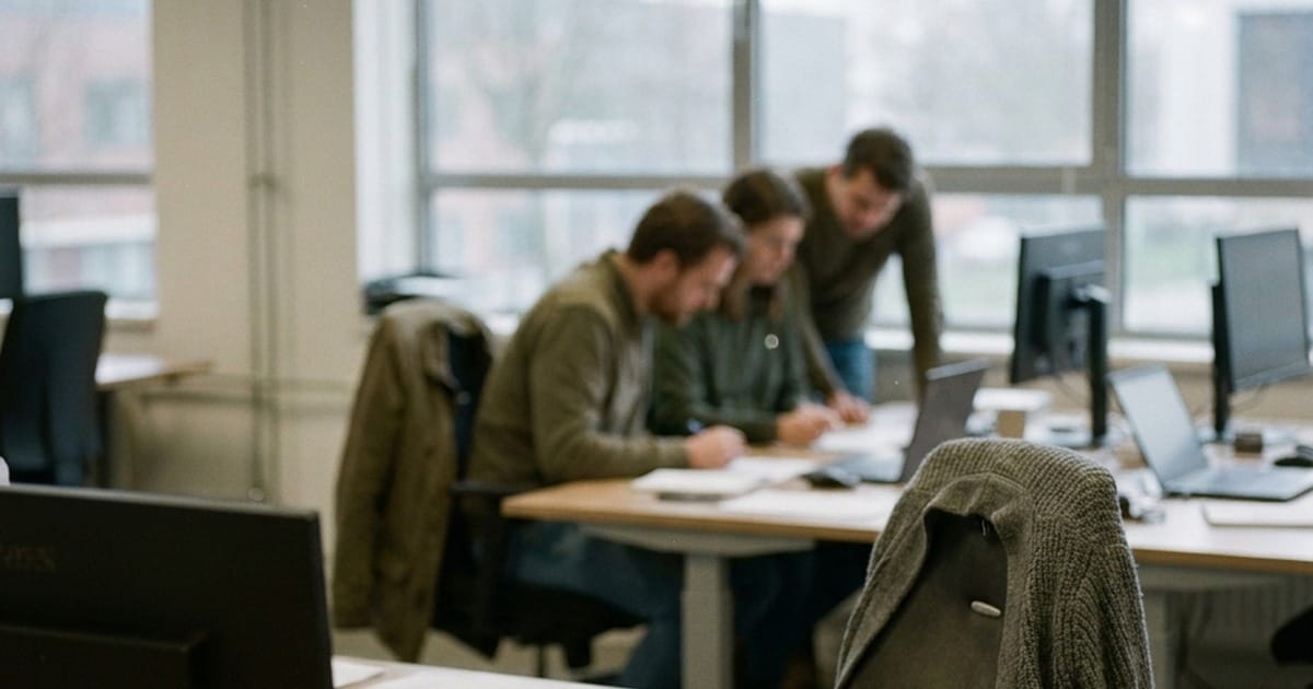 Collega's gebogen over een bureau in een kantoor, terwijl andere werkplekken leeg blijven