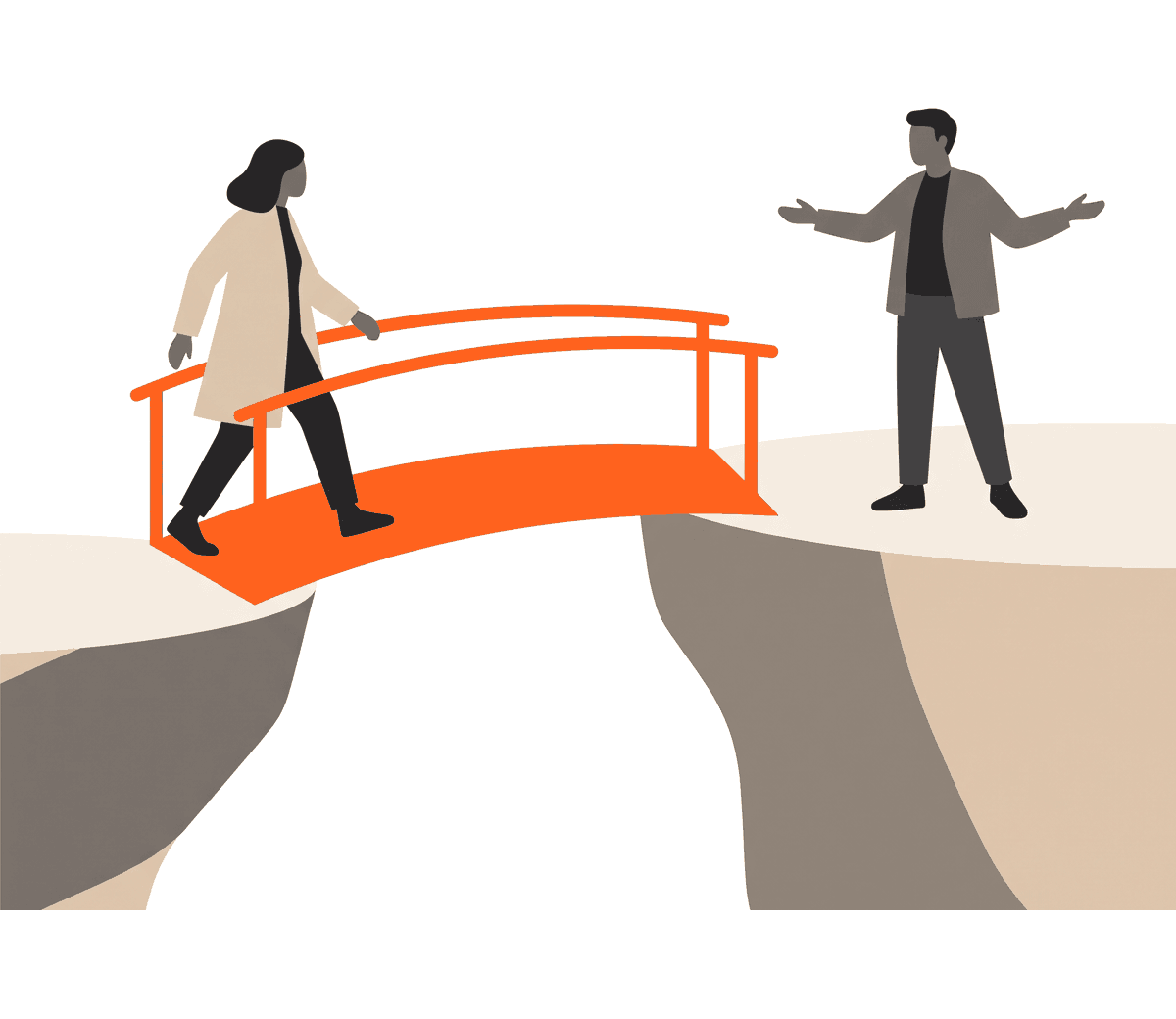 Illustratie: iemand loopt over een oranje brug over een kloof, aan de overkant staat een professional met open armen klaar