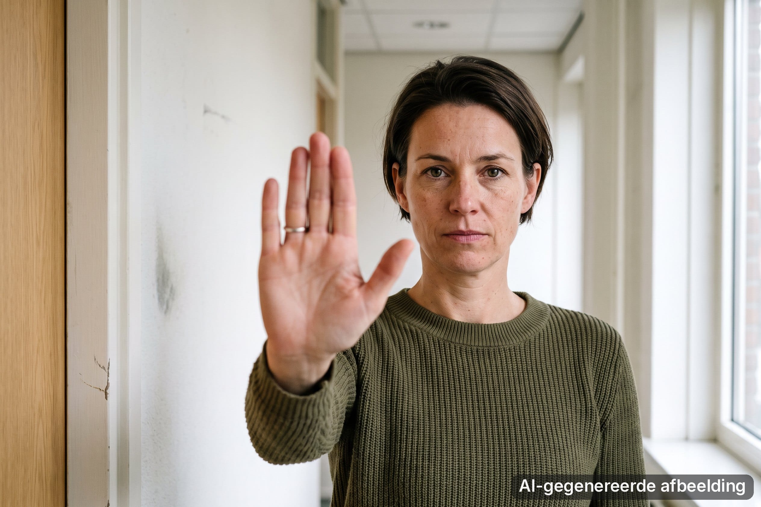 Vrouw houdt haar hand omhoog als een duidelijk nee in een kantoorgang.
