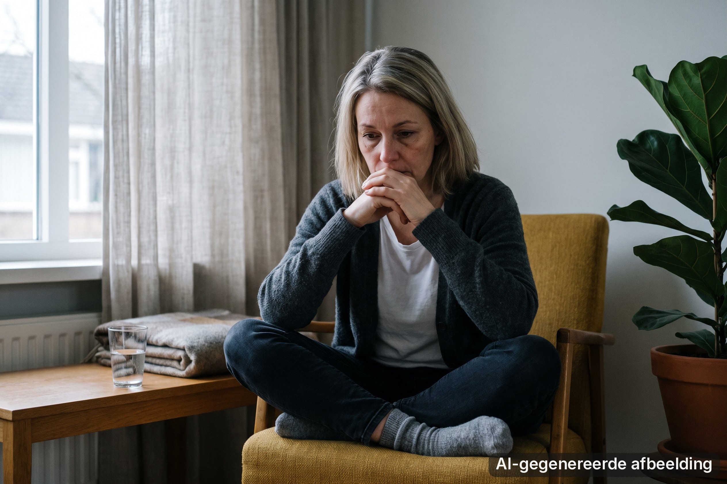 Vrouw zit in een gele fauteuil met haar handen voor haar mond en kijkt naar beneden.