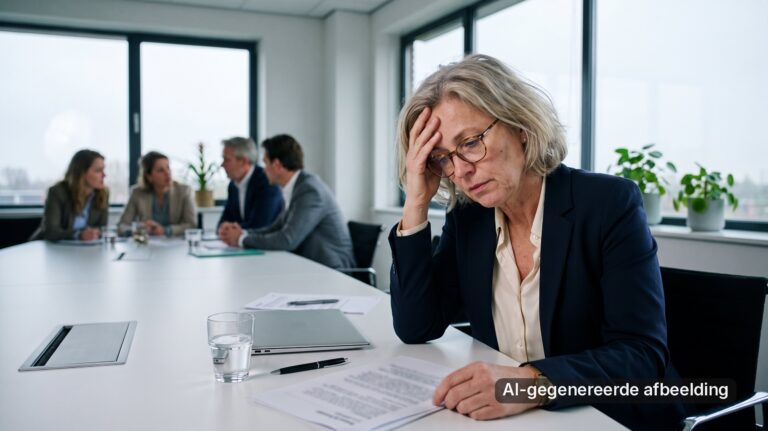 Vrouw in een vergaderruimte met haar hand tegen haar voorhoofd, terwijl collega's verderop overleggen.