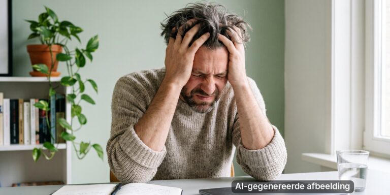 Man aan een bureau met zijn handen in zijn haar en zijn ogen dicht.