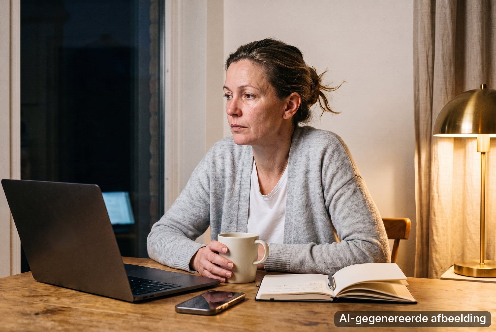 Vrouw werkt 's avonds door aan de keukentafel en staart vermoeid voor zich uit
