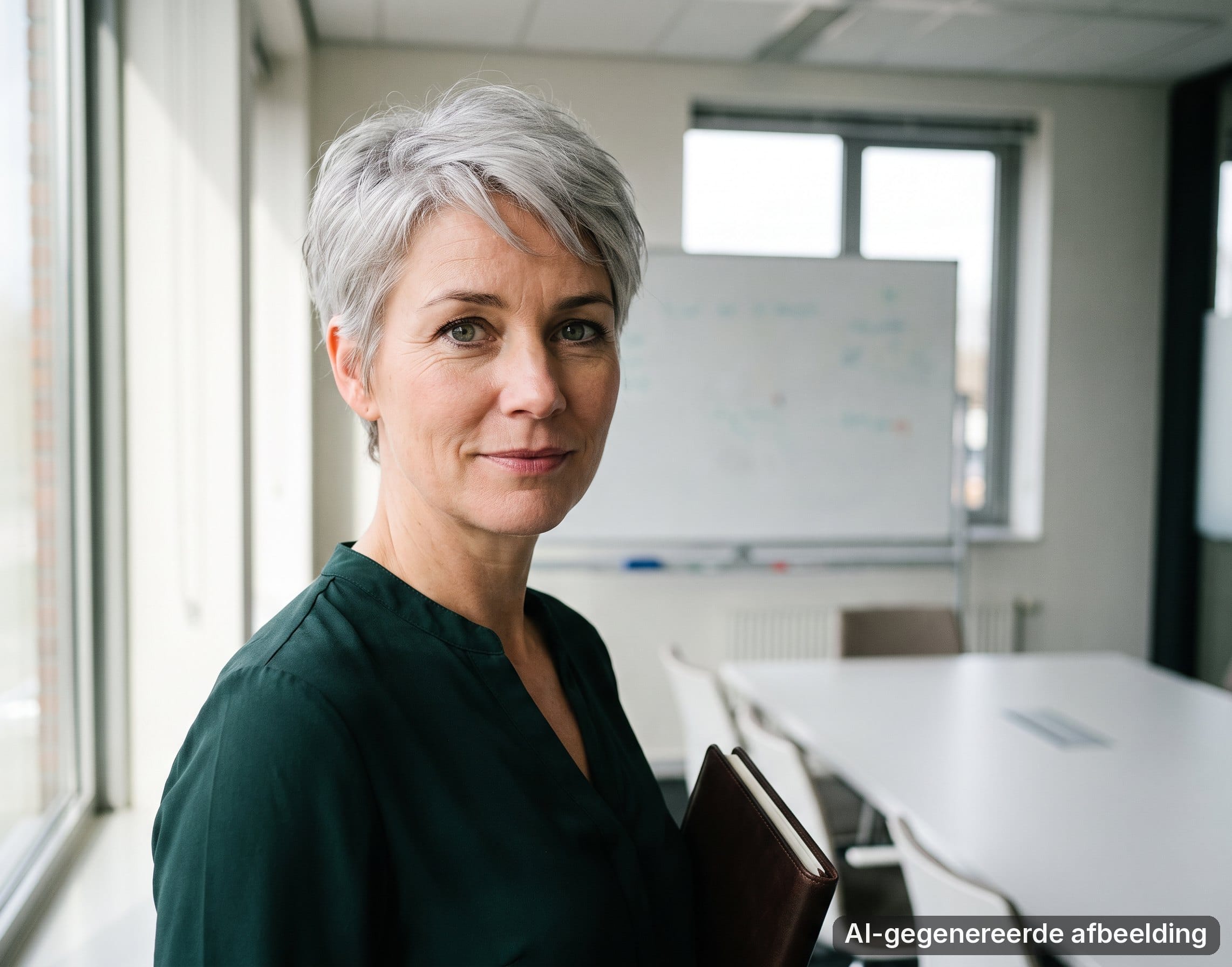 Vrouw met kort grijs haar staat rustig in een vergaderruimte met een notitieboek.