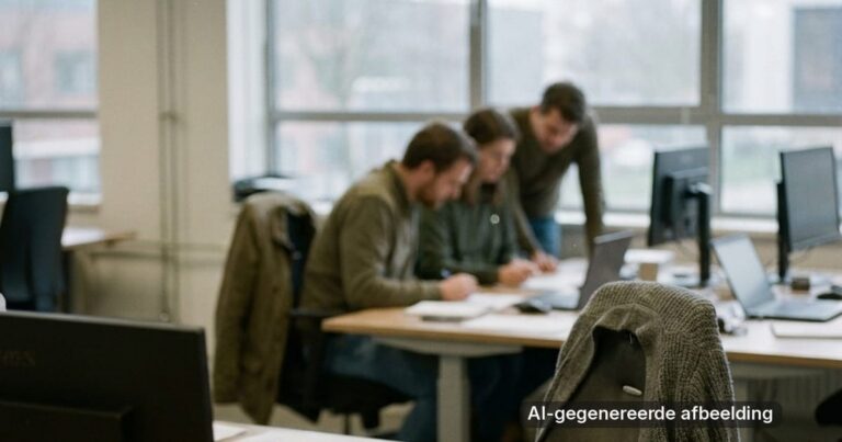 Collega's gebogen over een bureau in een kantoor, terwijl andere werkplekken leeg blijven