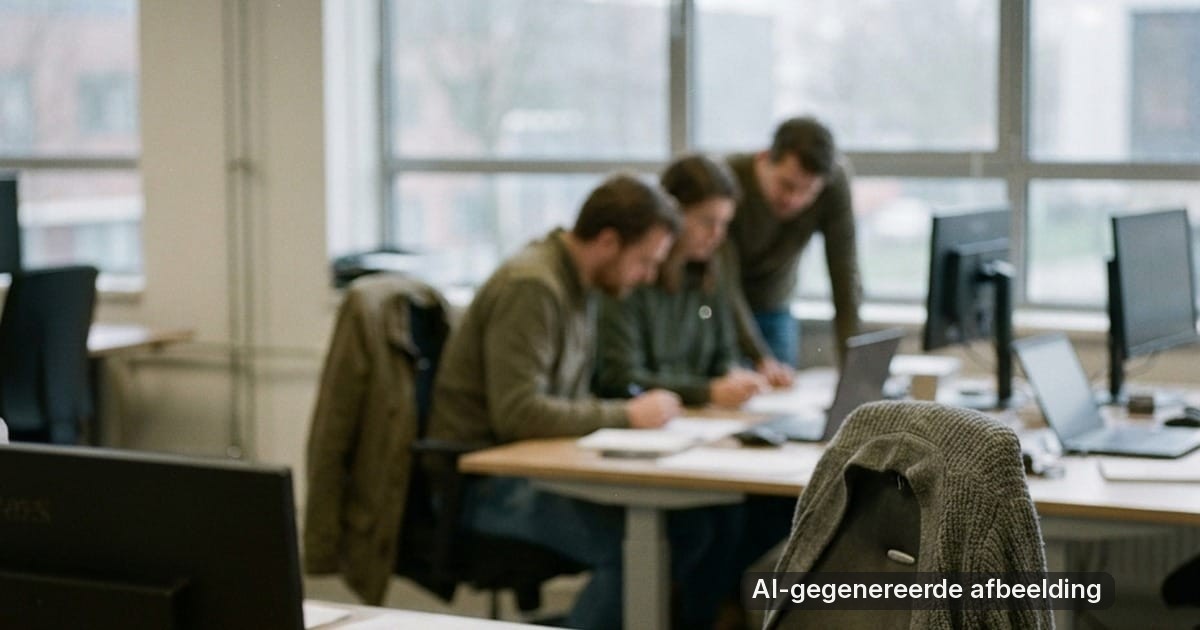 Collega's gebogen over een bureau in een kantoor, terwijl andere werkplekken leeg blijven