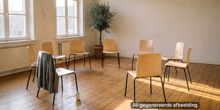 Lege stoelen in een kring in een lichte trainingsruimte, klaar voor de groep.